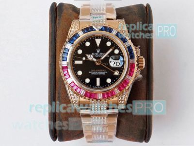 ROF Replica Everose Gold Rolex GMT Master II Black Dial Diamond Mid Center Link Watch